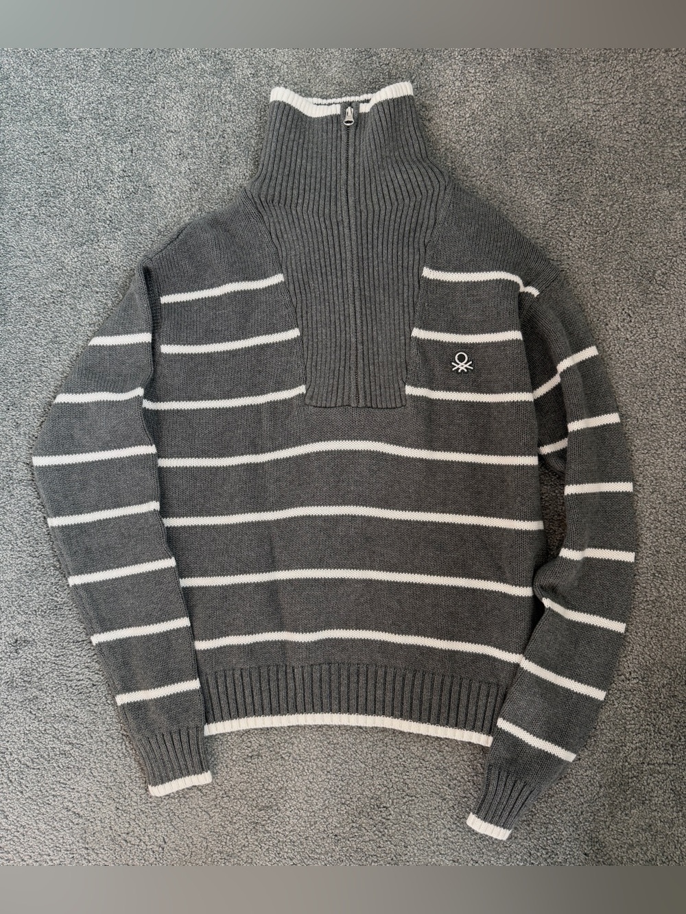 New Benetton Gray & White Stripes Half-Zip high neck pullover cotton sweater S